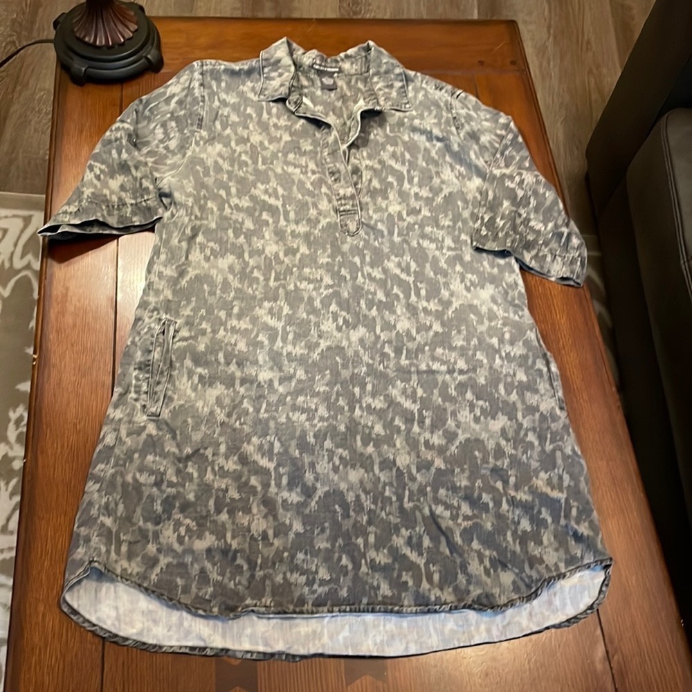 Chelsea & Theodore Popover Shirt Dress. Tencel. XL. Gray green pattern